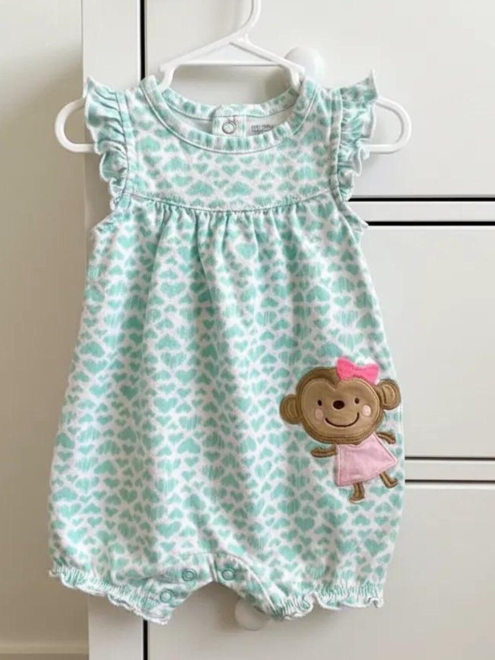 Just One You by Carter's Allover Hearts and Monkey Applique Ruffle Romper 3M